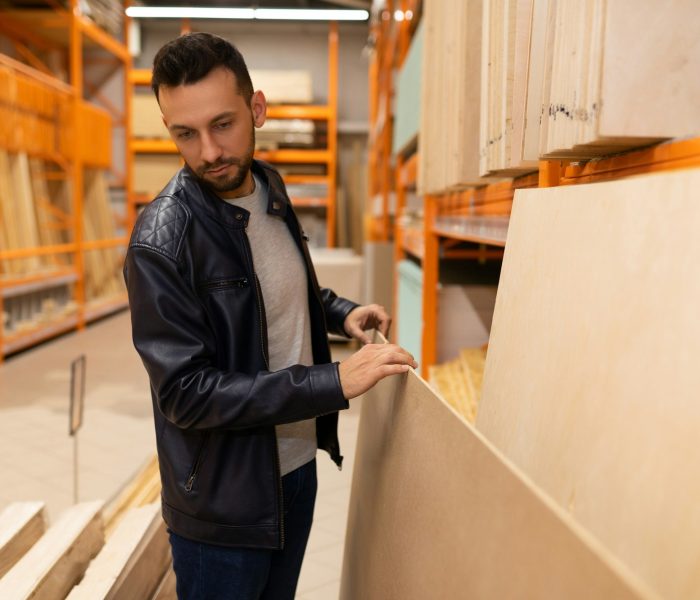 male shopper in a lumber store next to plywood and OSB panels